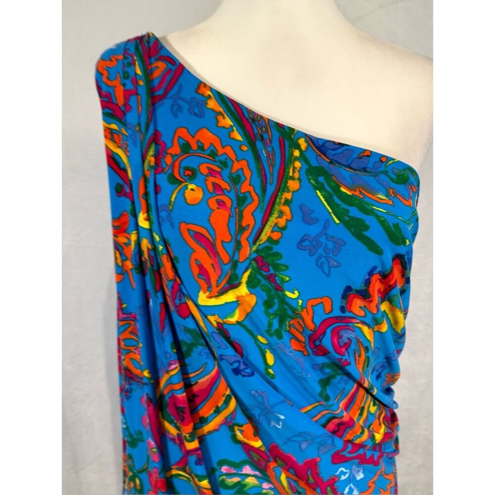 Ralph Lauren blue tropical one shoulder faux wrap resortwear dress size 14 - Picture 3 of 7